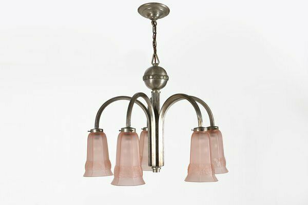 Art Deco Chandelier With Etched Pink Glass Shades, 1930s photo vinterior