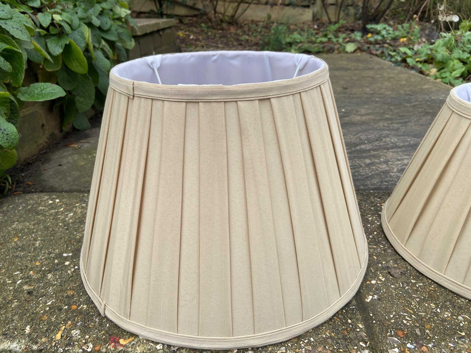 Two Matching Vintage Pleated Gold Sand Coloured Empire Shape   Perfect For Table Lamps 14 Inch And 10.5 Inch photo furniture