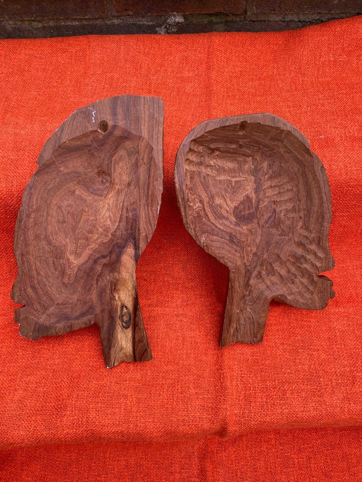photo for sale Vintage African Hand Carved Wood Faces, Pair Of African Sculptures, Ethnic Art, Wooden Wall Art