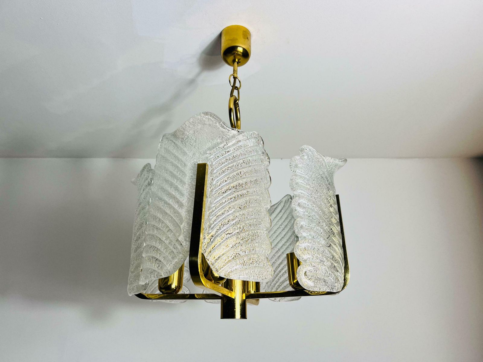 Large Rare Midcentury 4 Arm Brass And Ice Glass Chandelier, 1960s photo Lighting