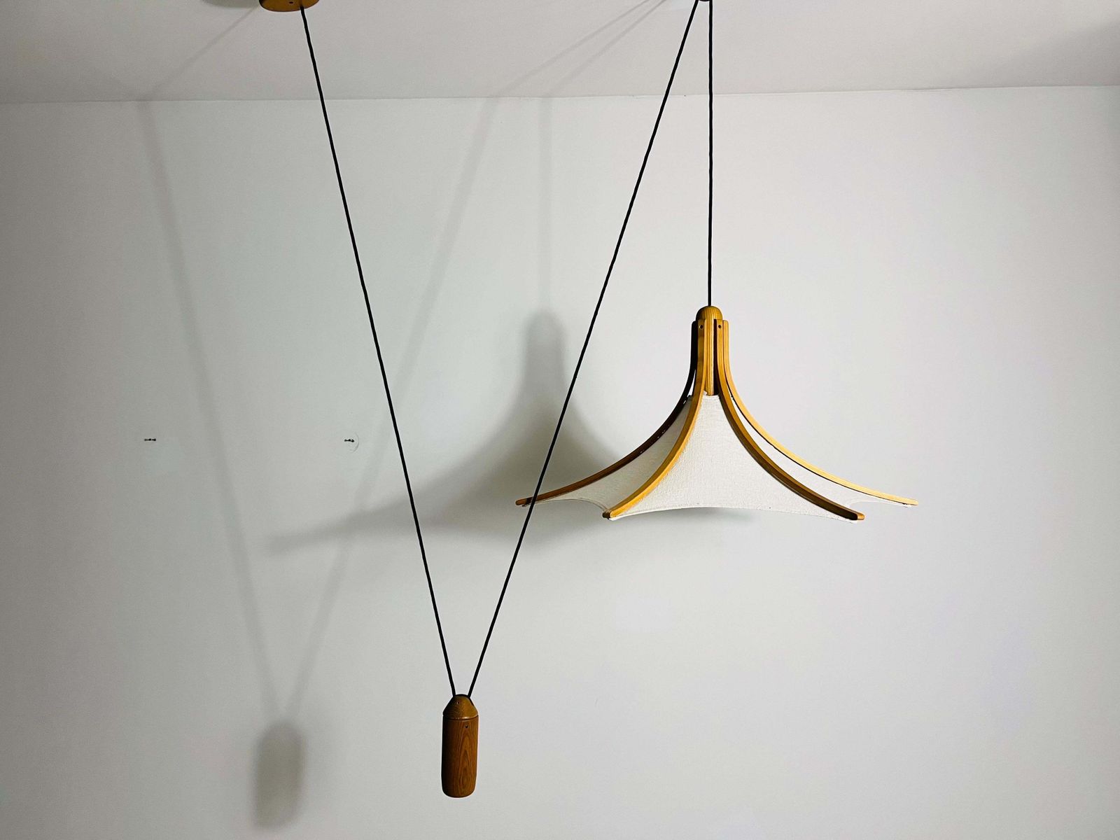 Adjustable Midcentury Wooden Pendant Lamp With Counterweight By Domus, 1960s photo furniture