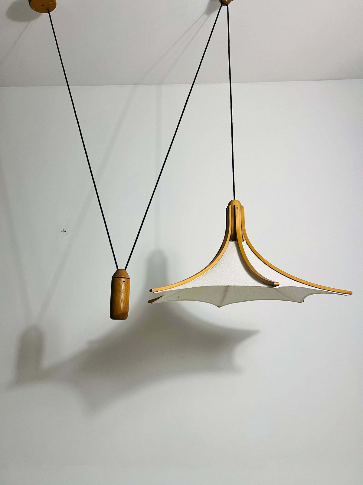 Adjustable Midcentury Wooden Pendant Lamp With Counterweight By Domus, 1960s photo for sale