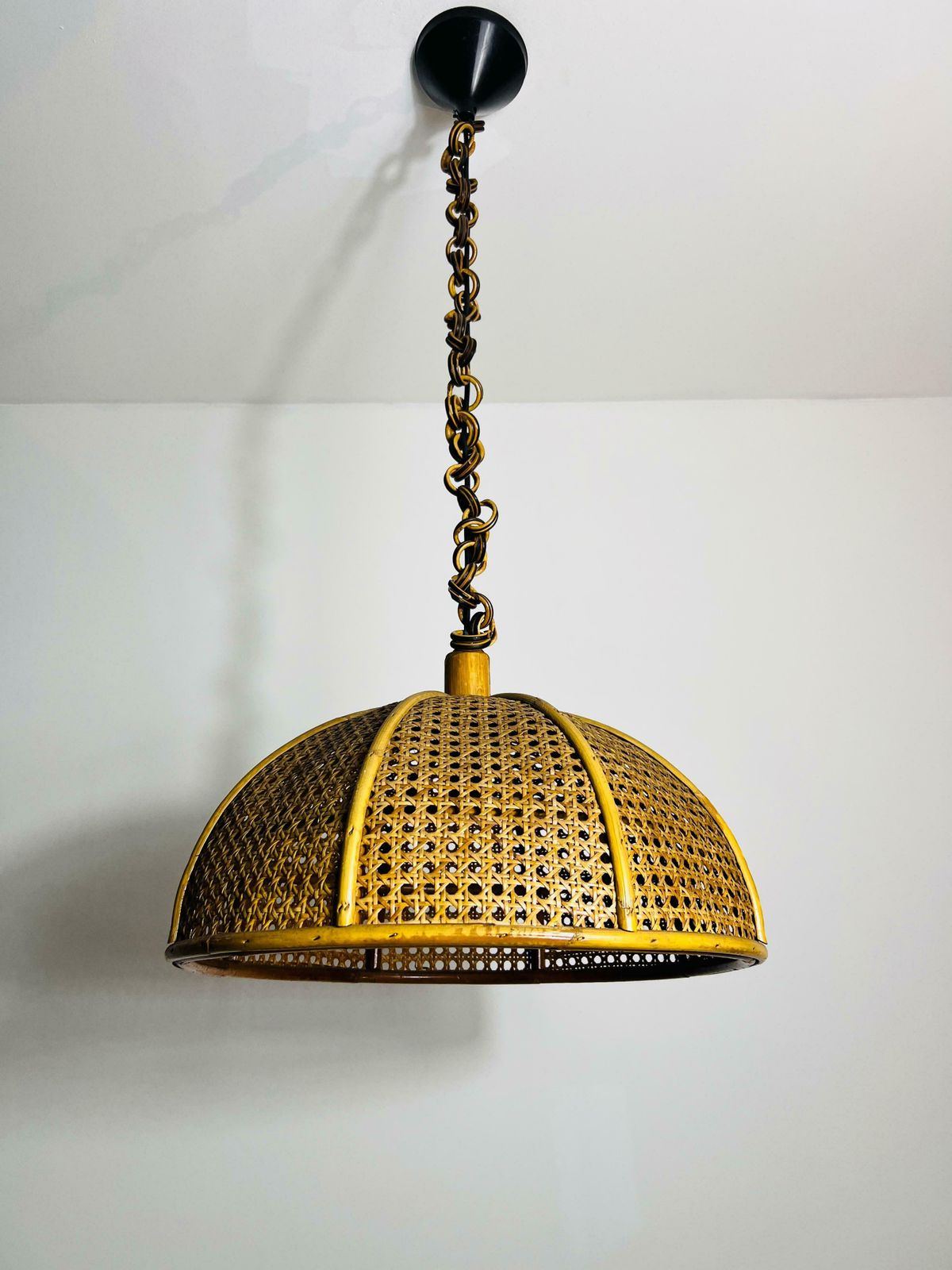 Midcentury Wooden Bamboo Pendant Lamp, Italy, 1960s photo for sale