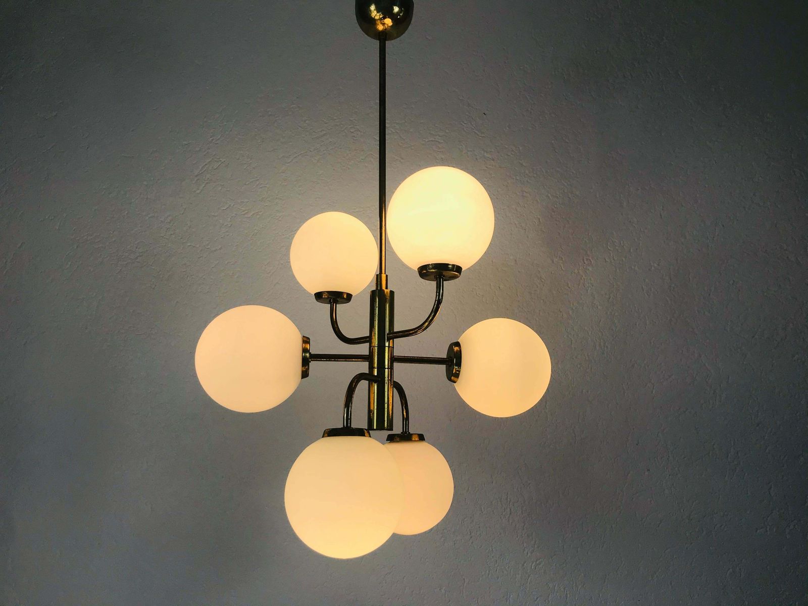 Exceptional Mid Century Modern Brass Kaiser 6 Arm Space Age Chandelier, 1960s photo furniture
