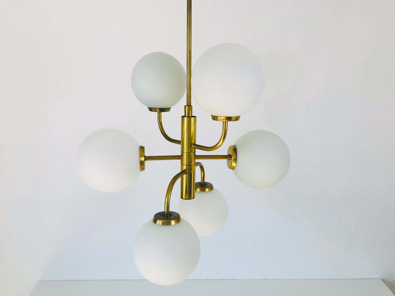 Exceptional Mid Century Modern Brass Kaiser 6 Arm Space Age Chandelier, 1960s photo Lighting