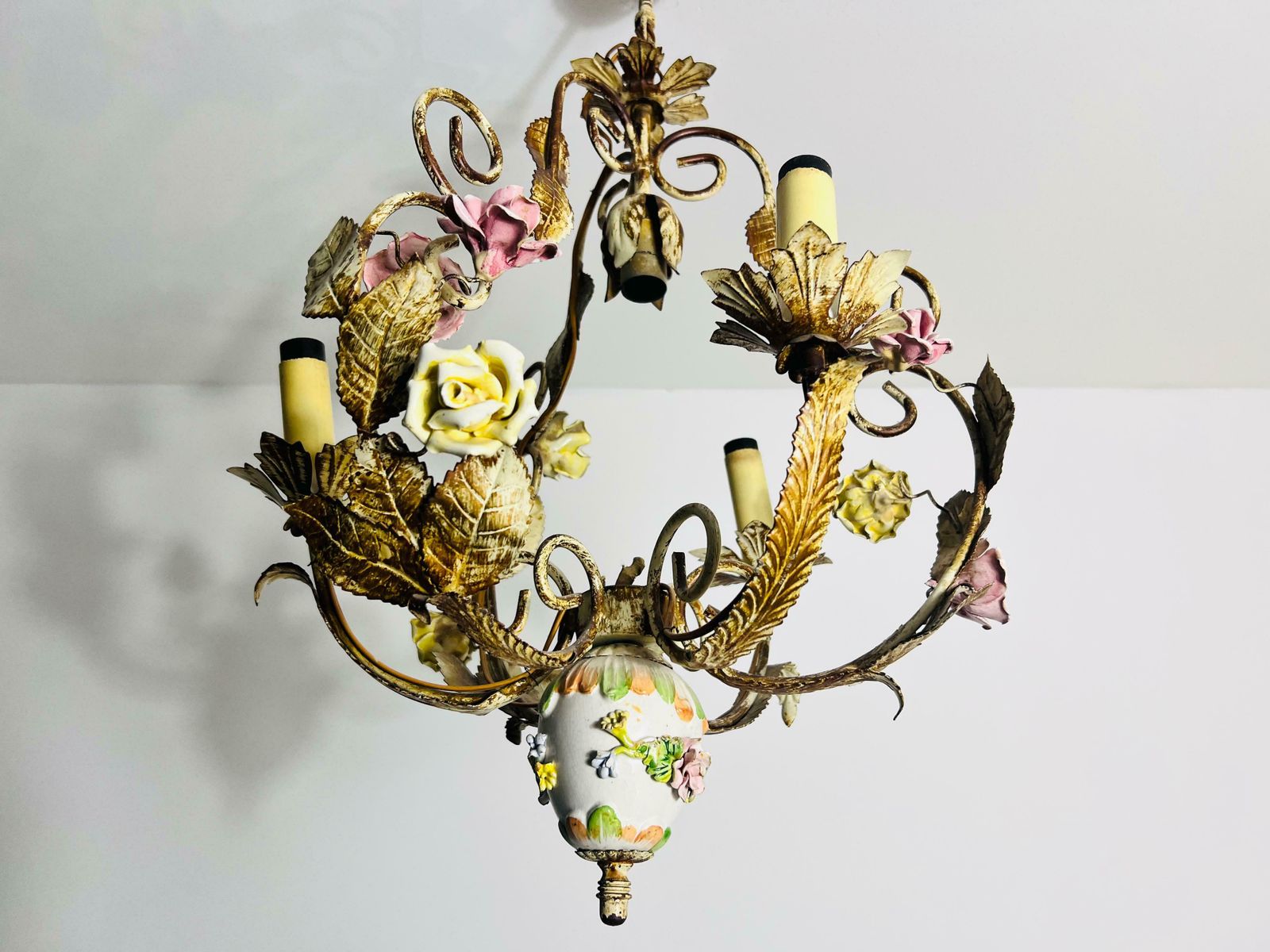 Brass And Ceramic Florentine Flower Shape Chandelier, Germany, 1970s photo vinterior