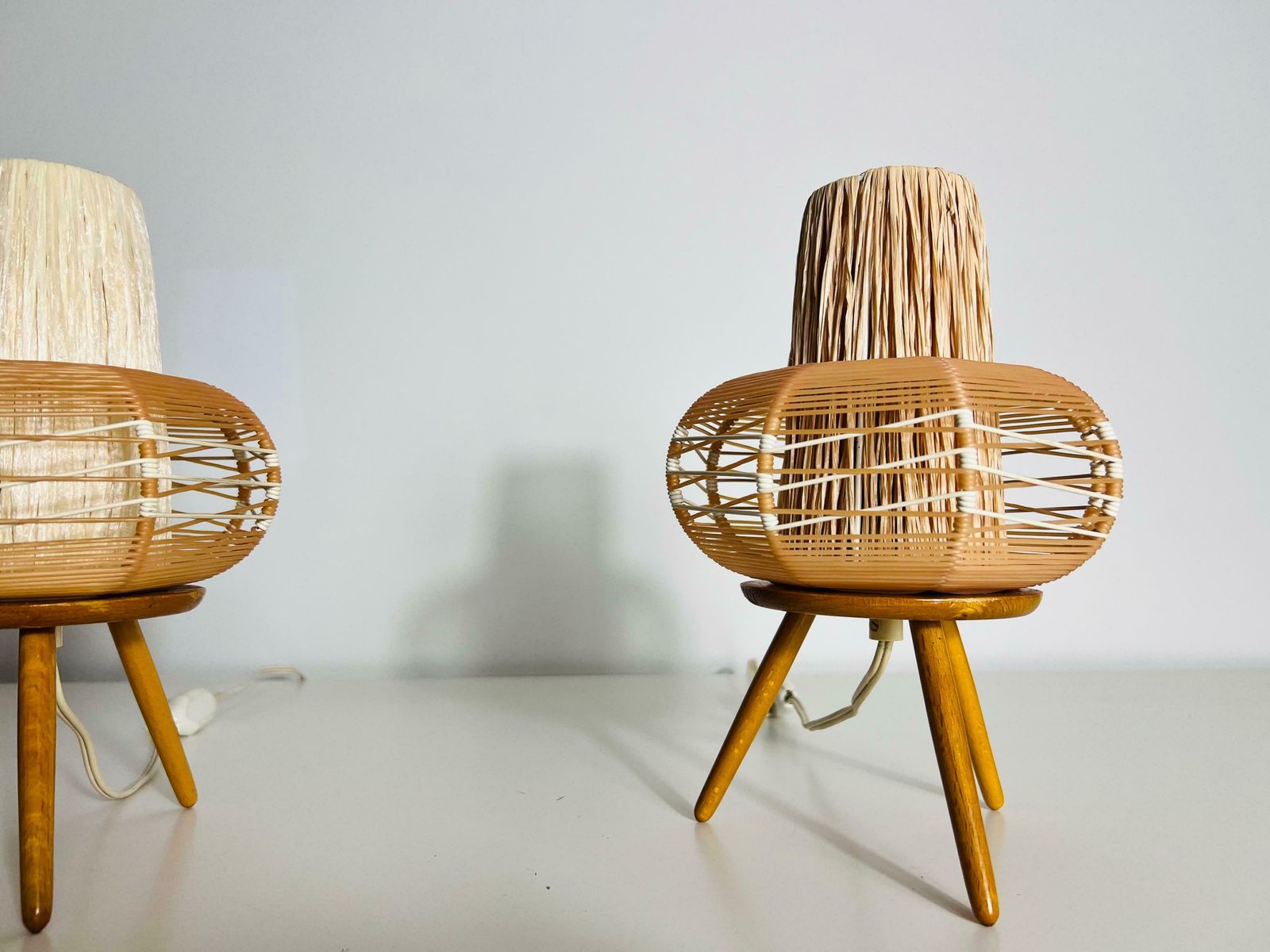 photo for sale Pair Of Wooden Table Lamps, Circa 1970