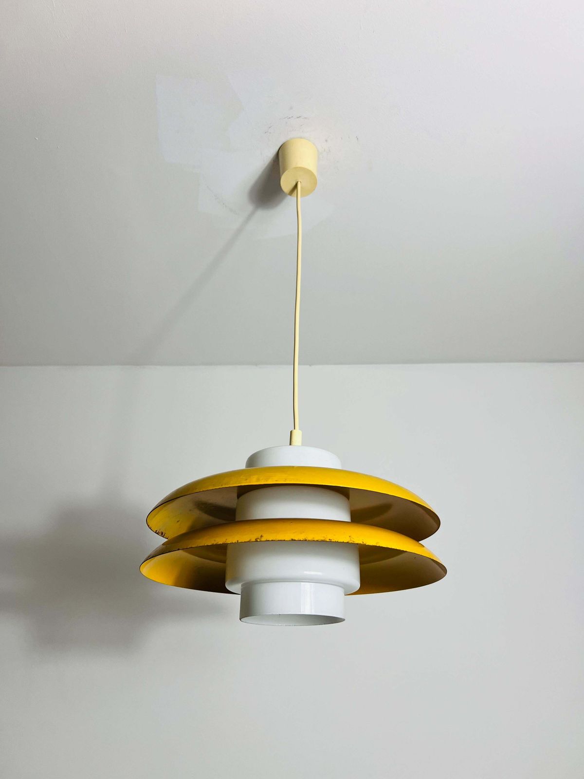 Yellow Metal And Opaline Glas Space Age Pendant Lamp, Germany, 1970s photo Lighting