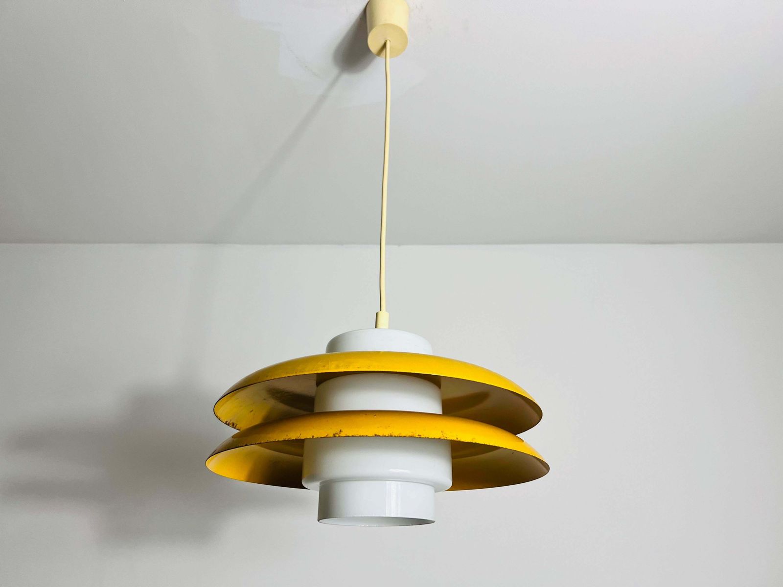 Yellow Metal And Opaline Glas Space Age Pendant Lamp, Germany, 1970s photo 657.0