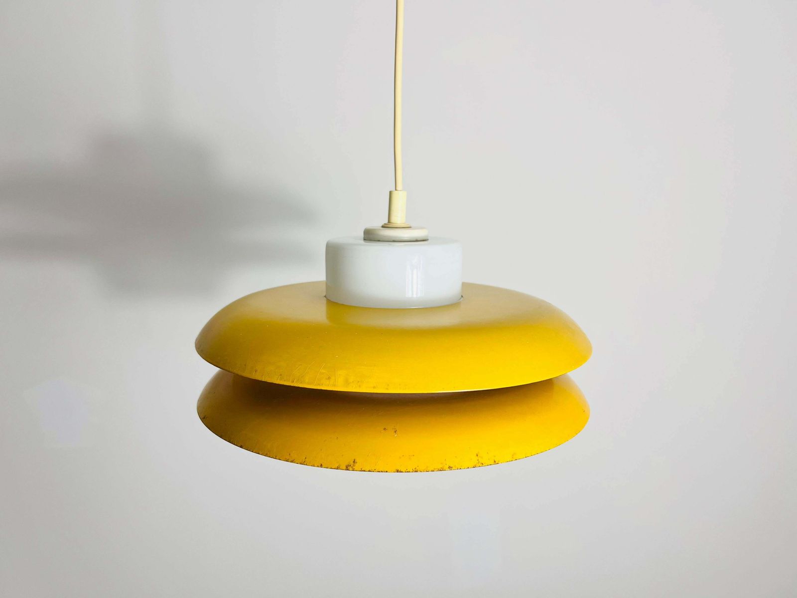 Yellow Metal And Opaline Glas Space Age Pendant Lamp, Germany, 1970s photo vintage