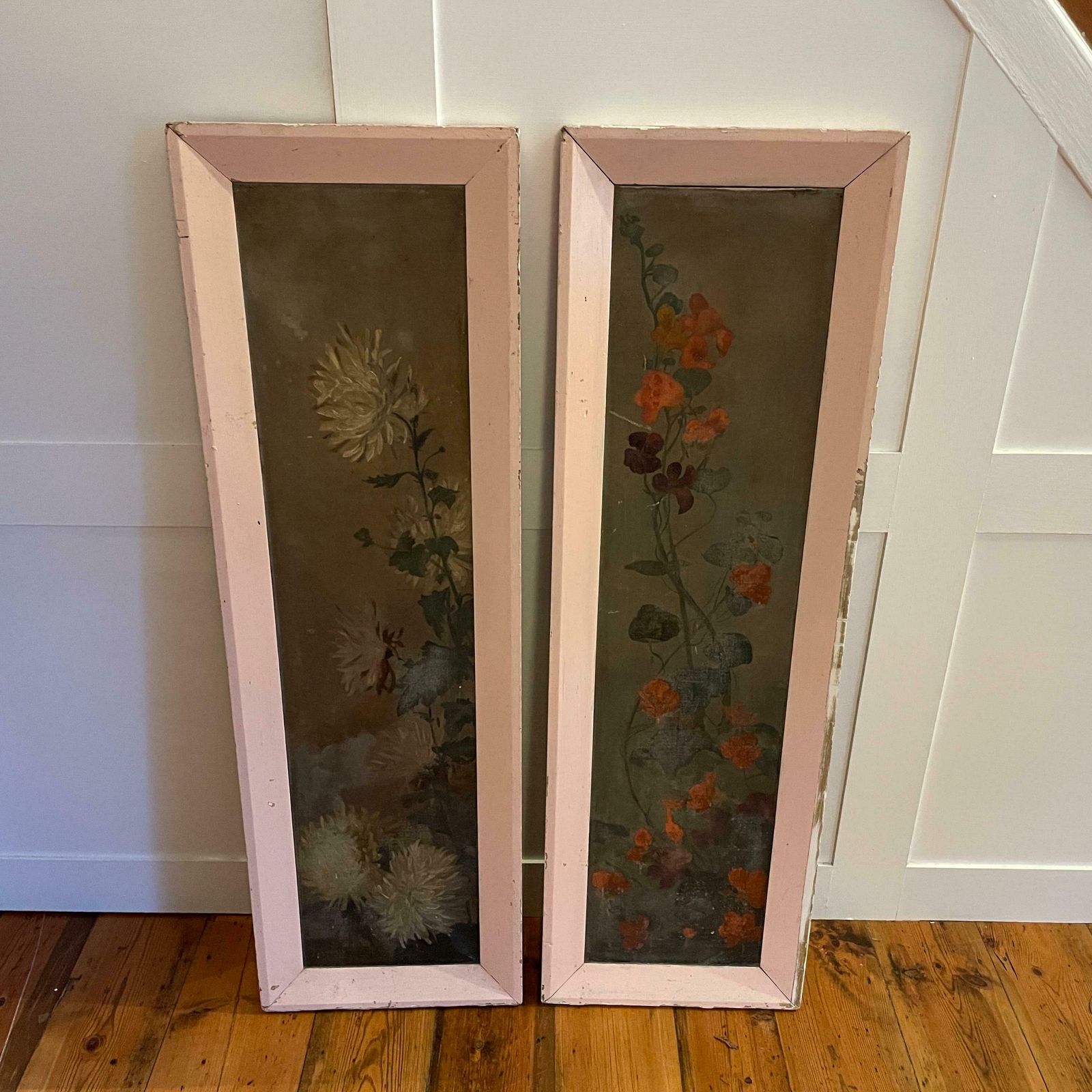 2 Antique Framed Floral Abstract Painting Picture Vintage Flowers Cottage Hand Painted Art Original Drawing Oils Oil Rectangle Wood Frame