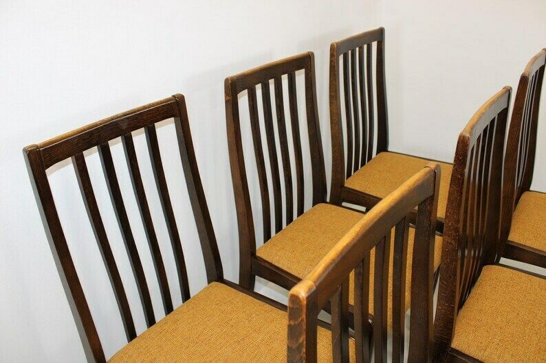 Set Of 6 Wooden Dining Chairs/Mid Century Dine Set 70s/Chairs With Ocher Upholstered Seat/Vintage High Back Dining Chairs photo vintage