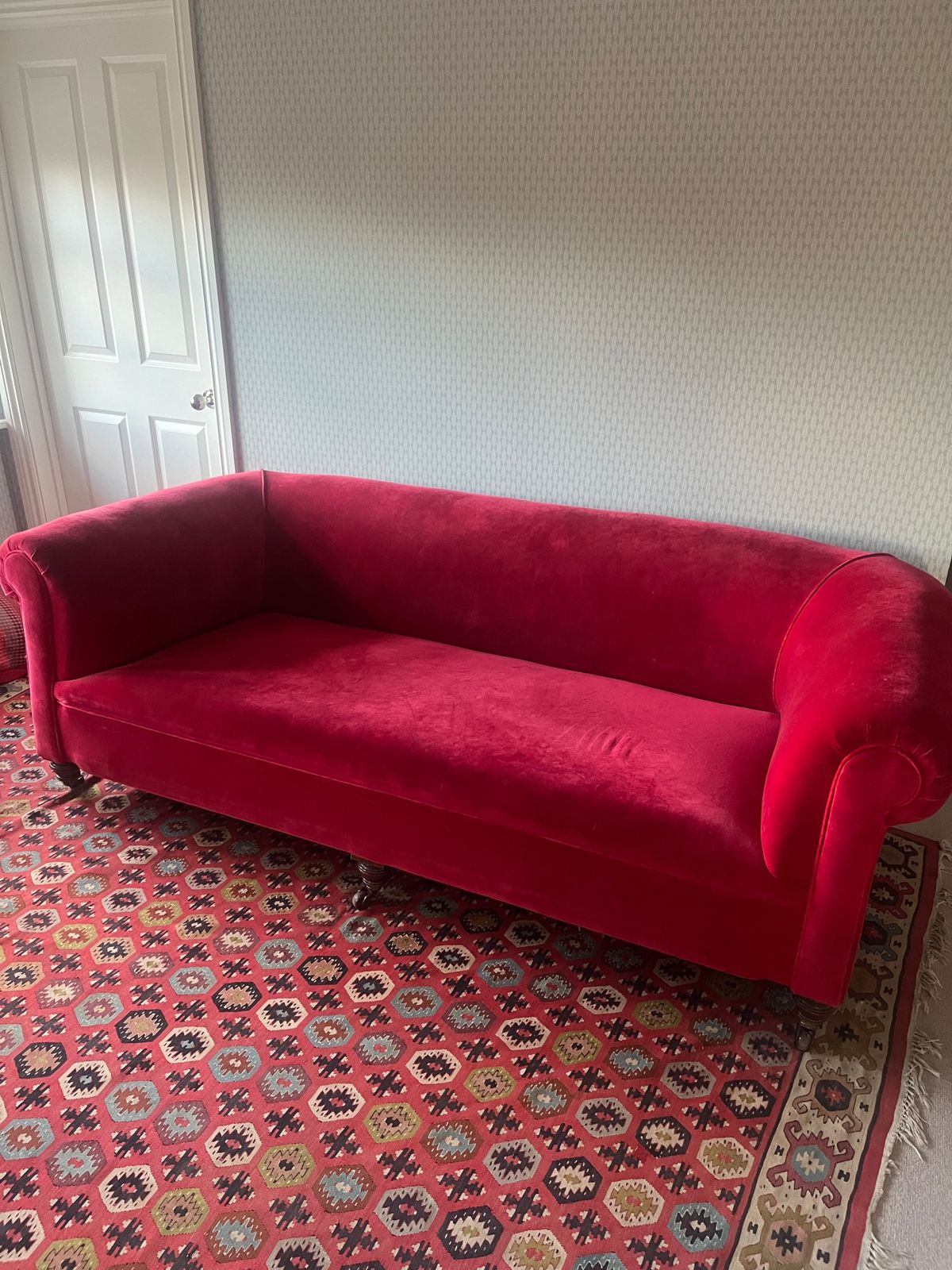 Restored Red Velvet Antique Chesterfield Style 3 To 4 Seater Sofa