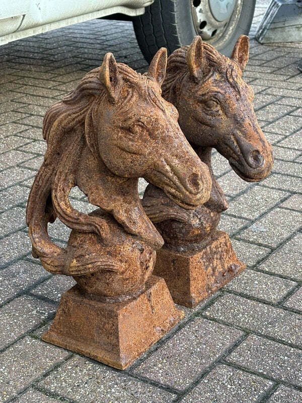 Pair Of Horse Head Statues, Cast Iron, Large In Size. photo furniture