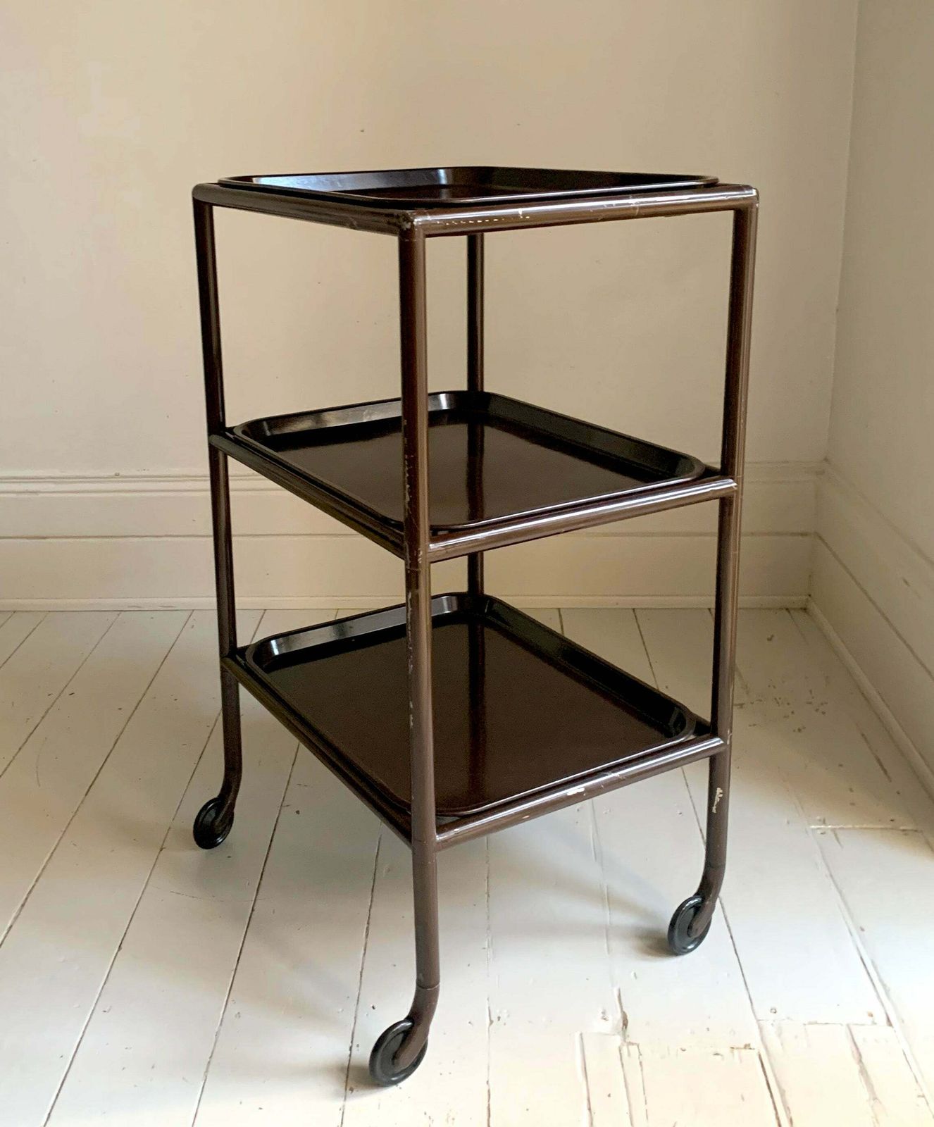 Mid Century Modern Three Tier Trolley W/ Bakelite Removable Trays In Chocolate Brown photo Furniture