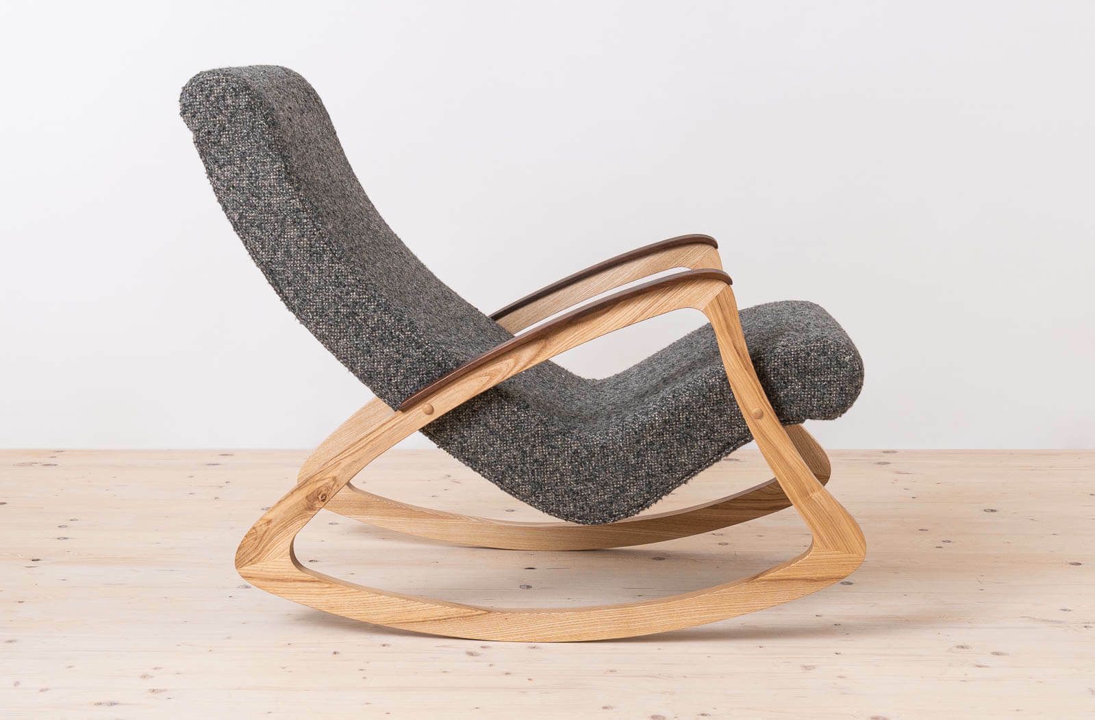 Vintage Rocking Chair, Czechoslovakia, 1950s, Reupholstered In Charcoal Grey Boucle