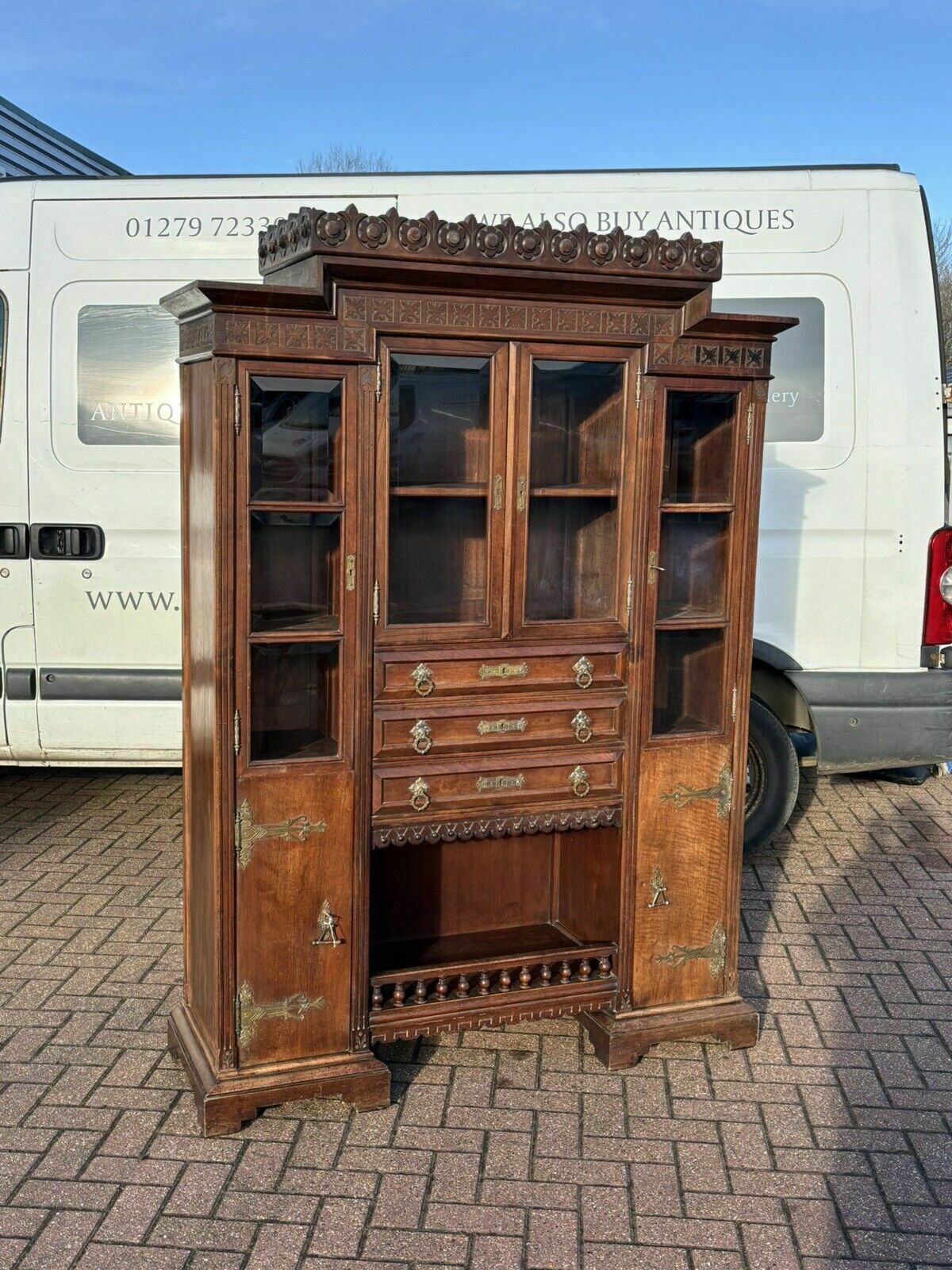 Arts & Crafts French Walnut Bookcase / Cupboard With Fitted Shelves & Drawers photo furniture