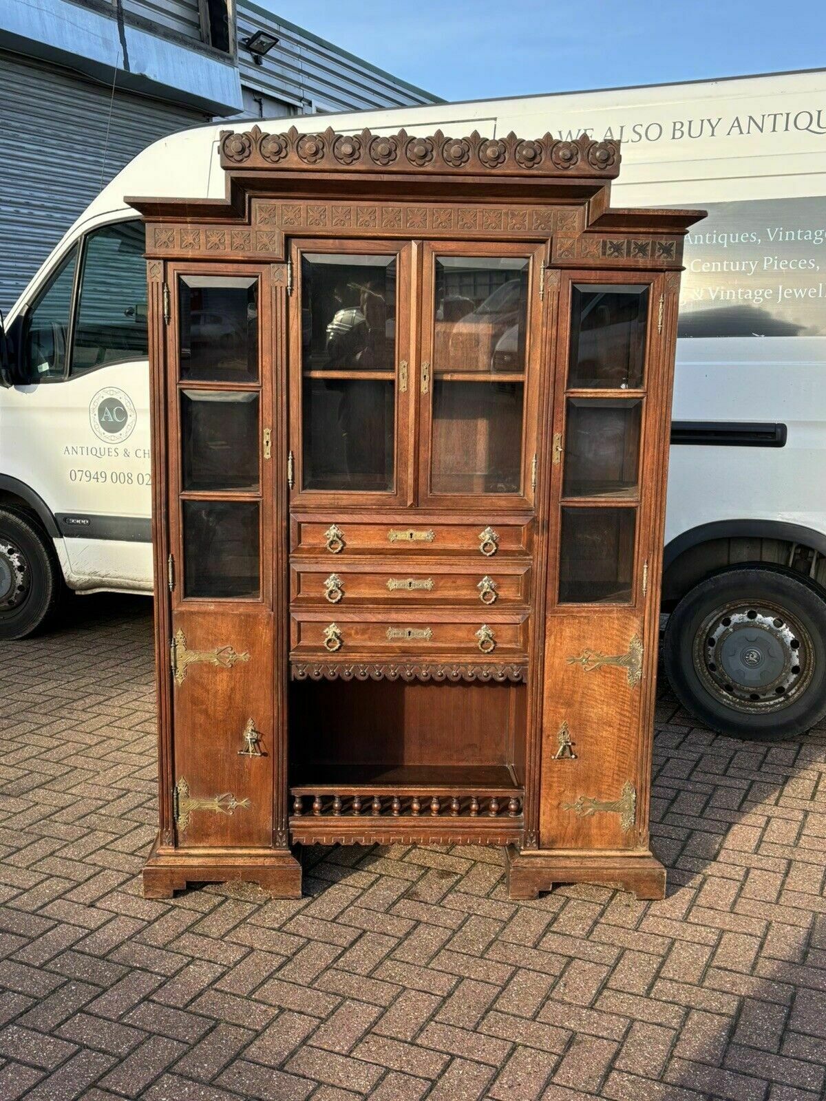 Arts & Crafts French Walnut Bookcase / Cupboard With Fitted Shelves & Drawers photo Furniture