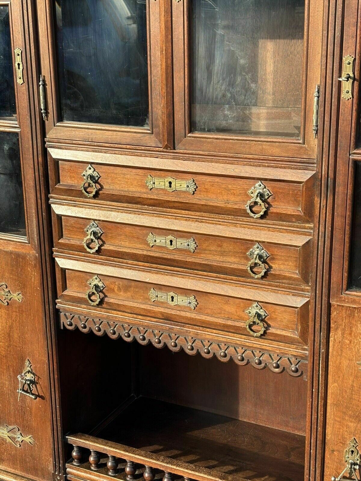 Arts & Crafts French Walnut Bookcase / Cupboard With Fitted Shelves & Drawers photo vinterior
