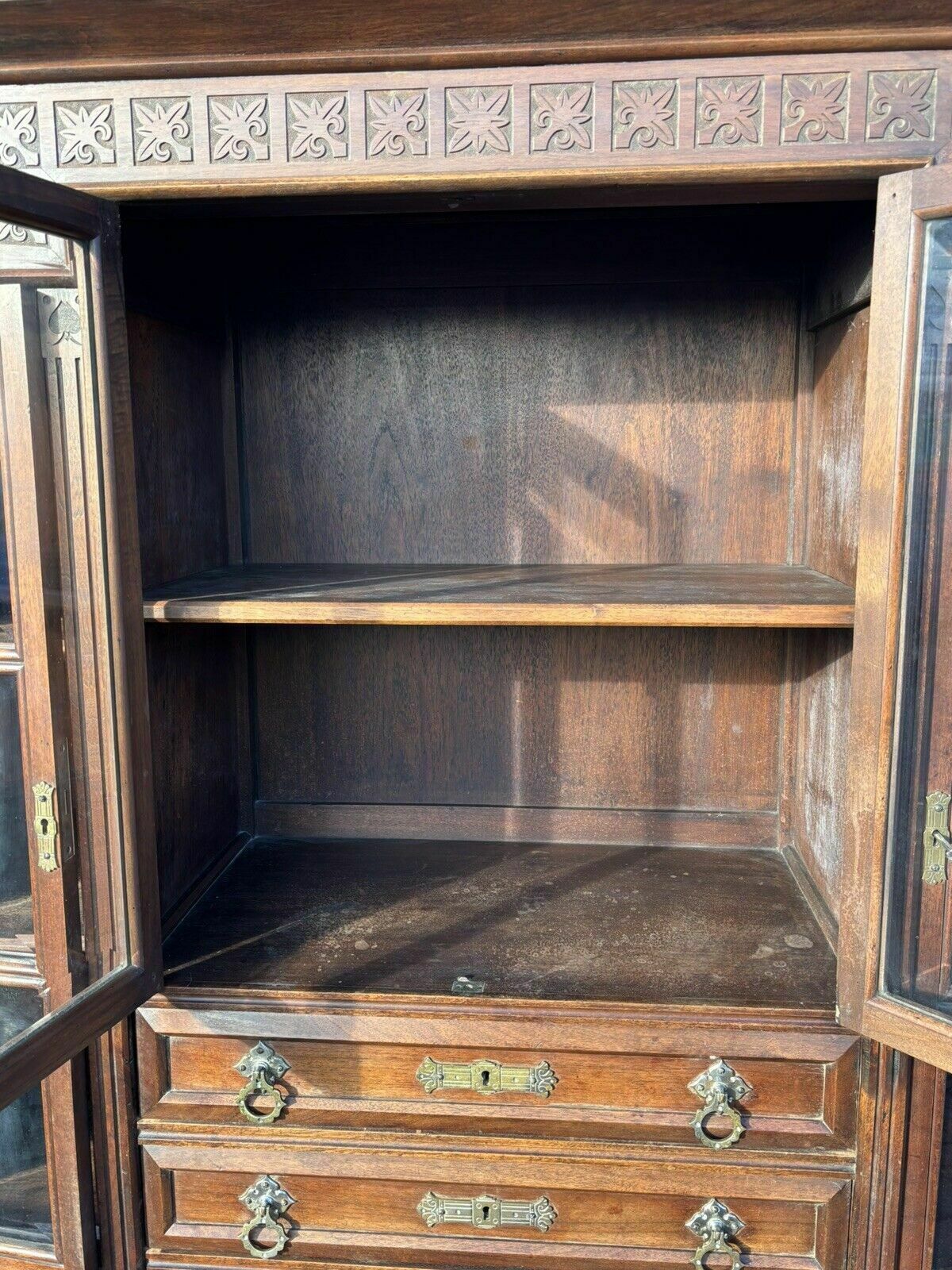 photo vintage Arts & Crafts French Walnut Bookcase / Cupboard With Fitted Shelves & Drawers