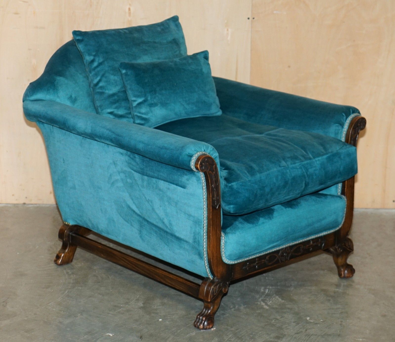 Furniture Restored Antique Circa 1900 Blue Velvet Claw & Ball Feet Sofa & Armchair Suite photo