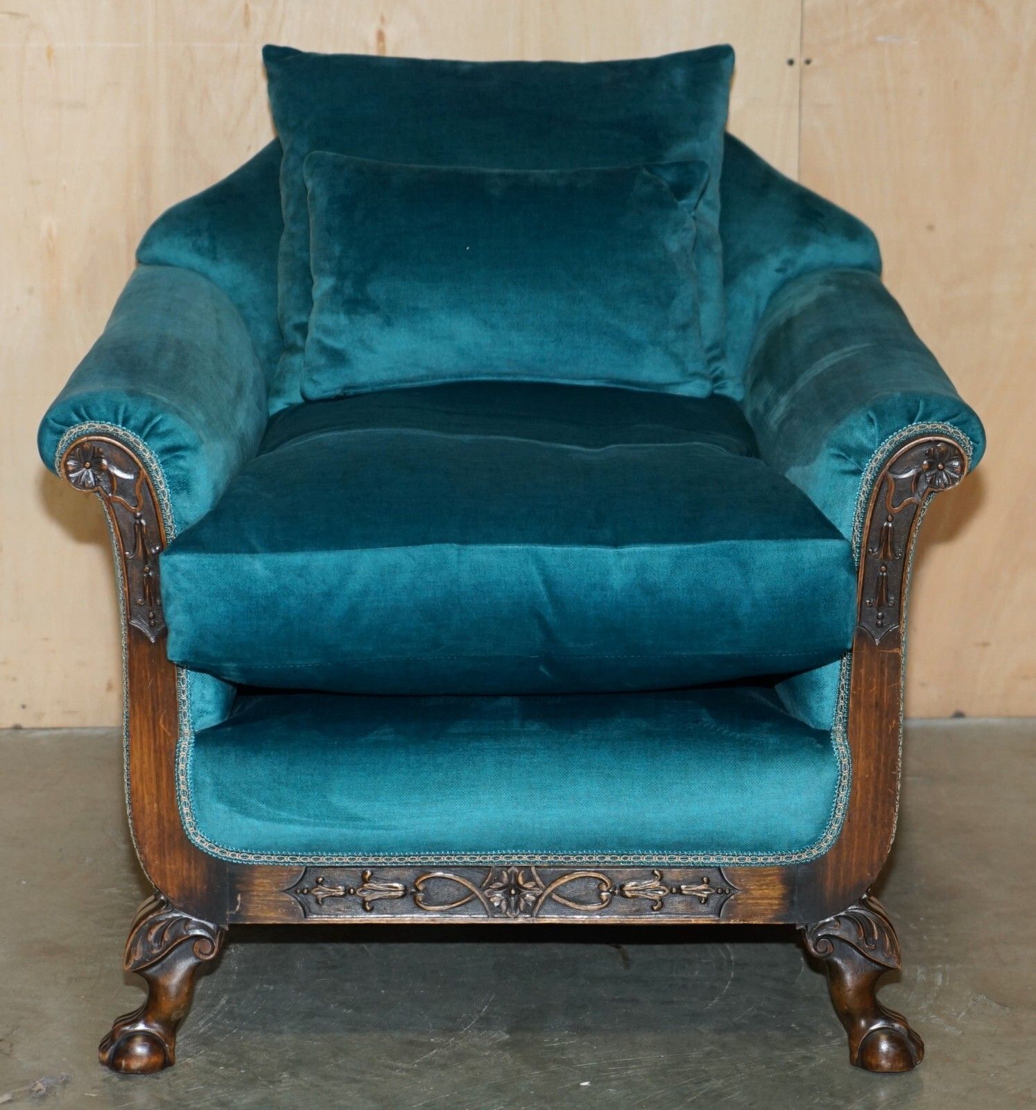 6950.0 Restored Antique Circa 1900 Blue Velvet Claw & Ball Feet Sofa & Armchair Suite photo