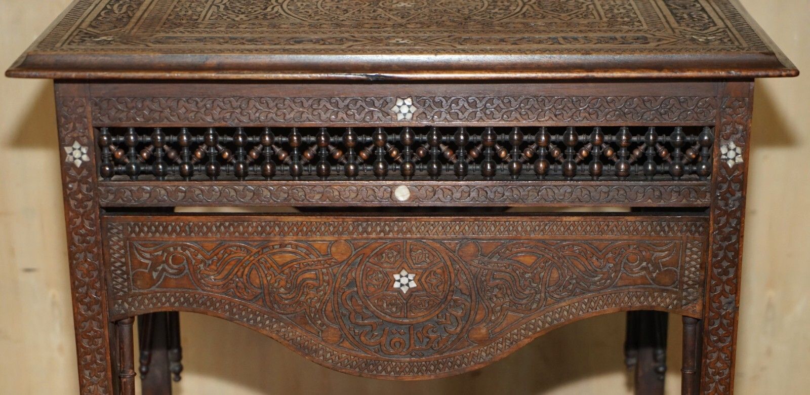 photo for sale Antique Moroccan Hand Carved Liberty's London Mother Of Pearl Silver Tea Table