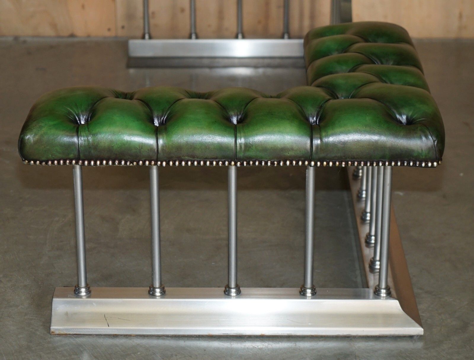 photo for sale Large 188cm Wide Vintage Chromed Regency Green Leather Chesterfield Club Fender