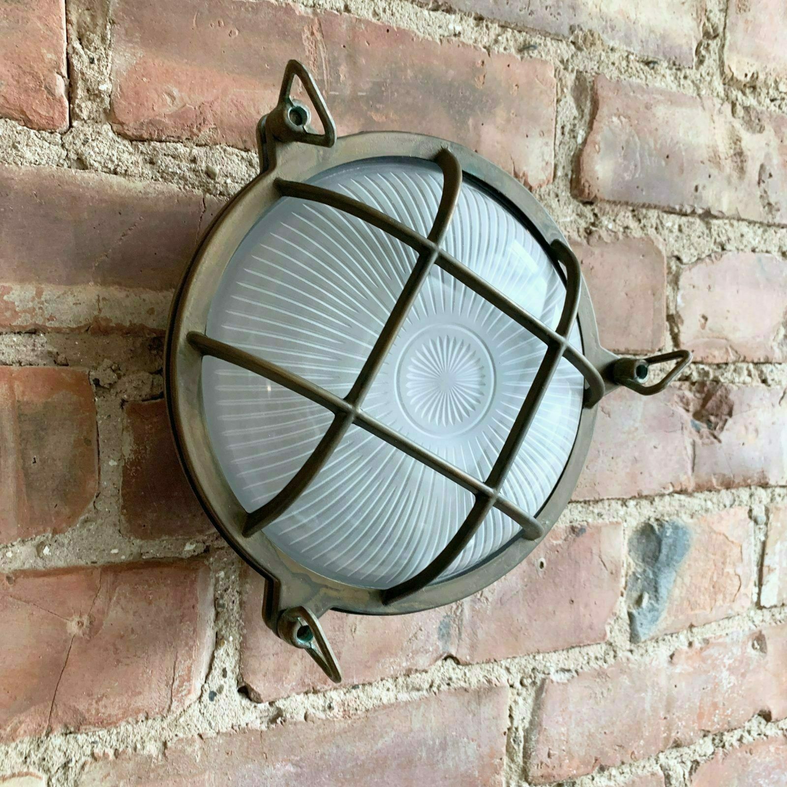 Contemporary Large Aged Brass Round Bulk Head Wall Light photo vintage