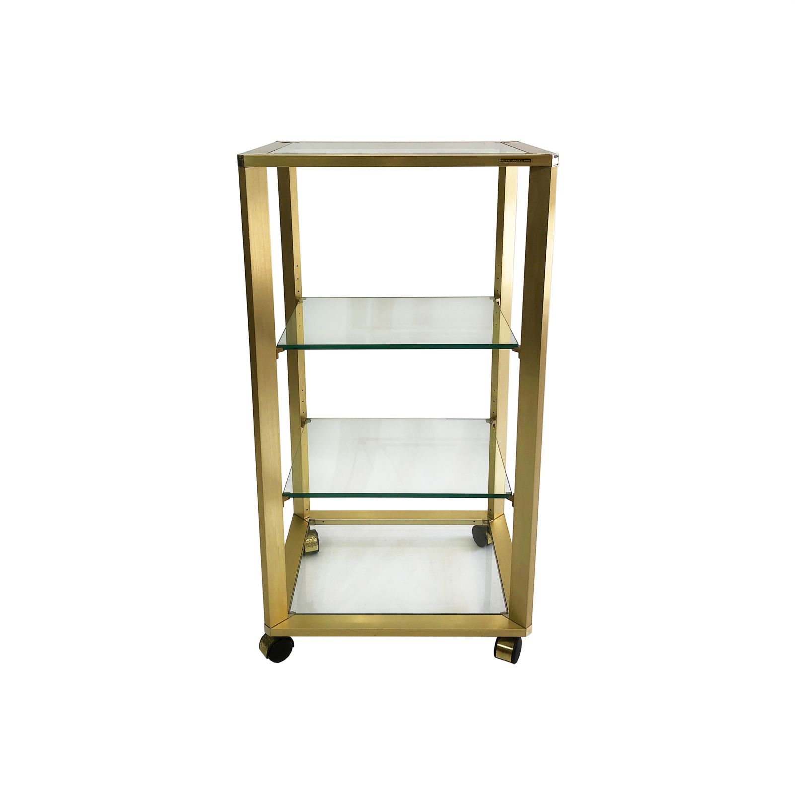 Pierre Vandel Gold Glass Etagere On Wheels 1970s Mid Century Hollywood Regency Shelving Trolley Drinks Cart