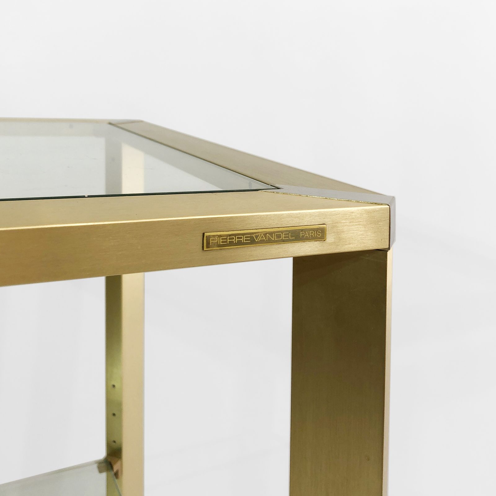 Pierre Vandel Gold Glass Etagere On Wheels 1970s Mid Century Hollywood Regency Shelving Trolley Drinks Cart photo vinterior