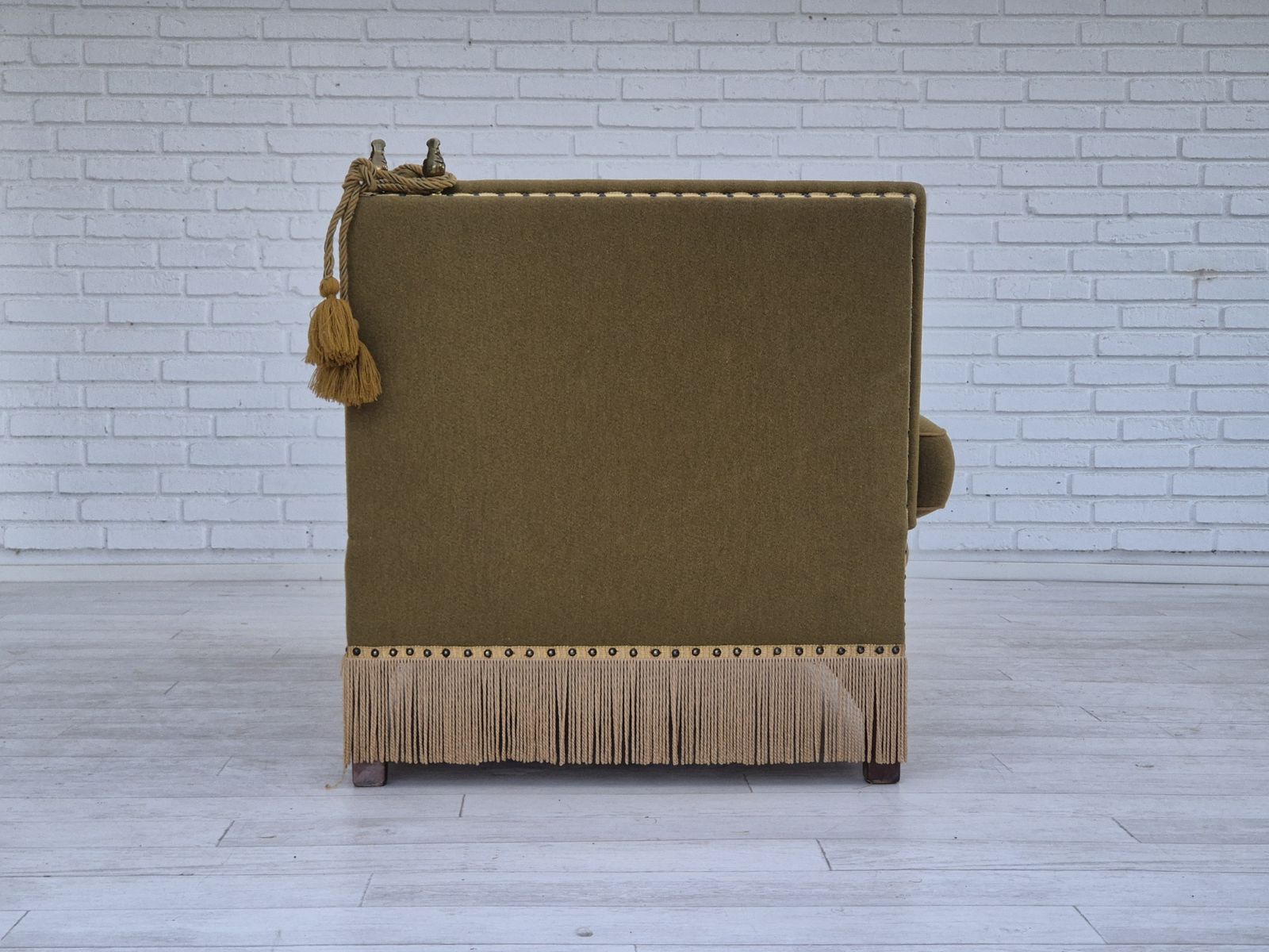 photo furniture 1960s, Danish Velour 2 Seater Drop Arm Sofa, Wool, Original Condition.