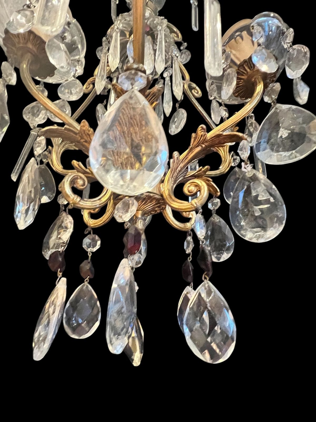 photo for sale A Pair Of Gilt Florentine Four Light Antique Crystal Chandeliers