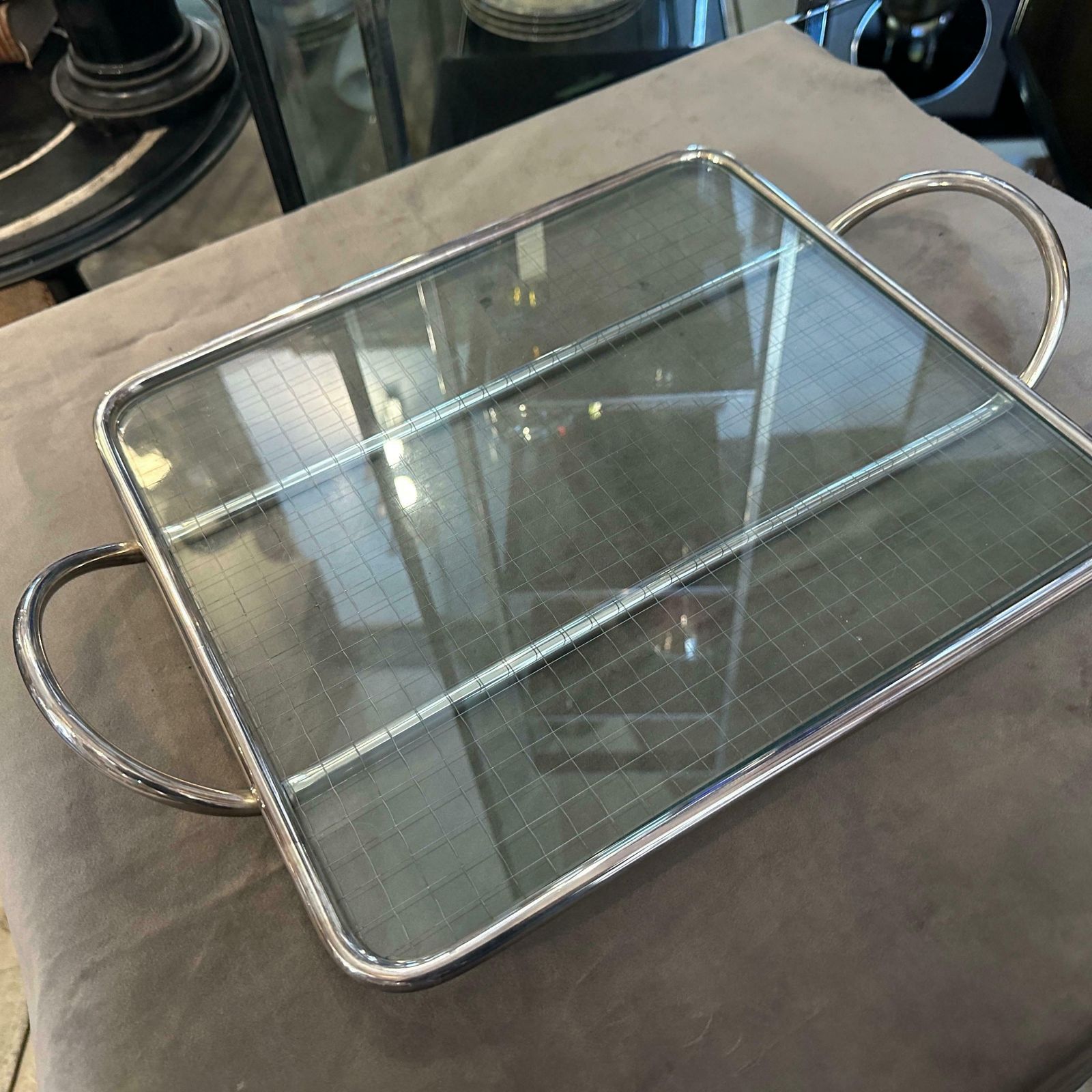1990s Modern Lino Sabattini Clear Glass And Silver Plated Bar Tray photo buy