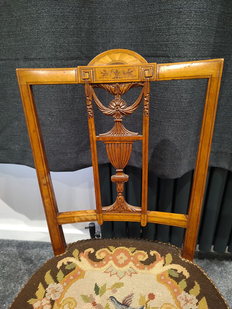 Stunning Pair Of Sheraton Revival Salon Chairs In Solid Satinwood photo for sale