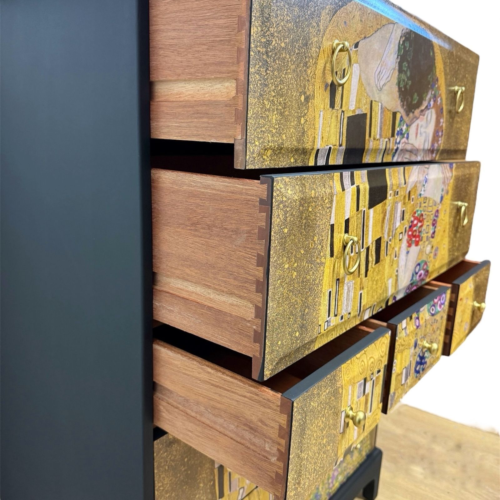 Made To Order Stunning Refinished Stag Minstrel Tallboy Chest Of Drawers, Black With Gustav Klimt The Kiss Design, Vintage Sideboard, Dresser, Bedroom photo for sale