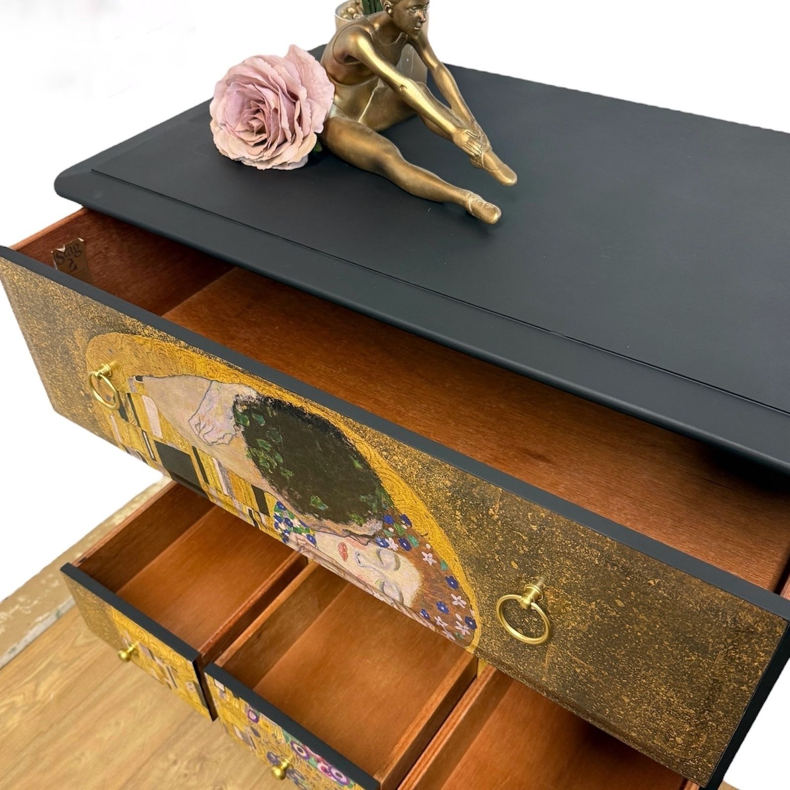 Made To Order Stunning Refinished Stag Minstrel Tallboy Chest Of Drawers, Black With Gustav Klimt The Kiss Design, Vintage Sideboard, Dresser, Bedroom photo buy