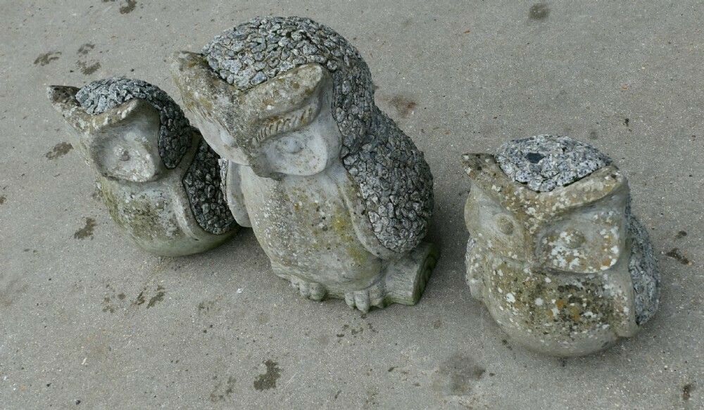 A Family Of 3 Weathered Granite Owls photo 300.0