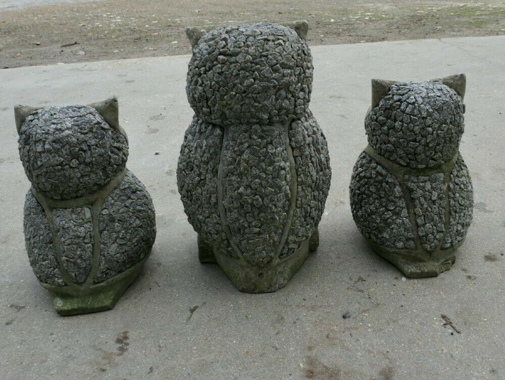 A Family Of 3 Weathered Granite Owls photo buy
