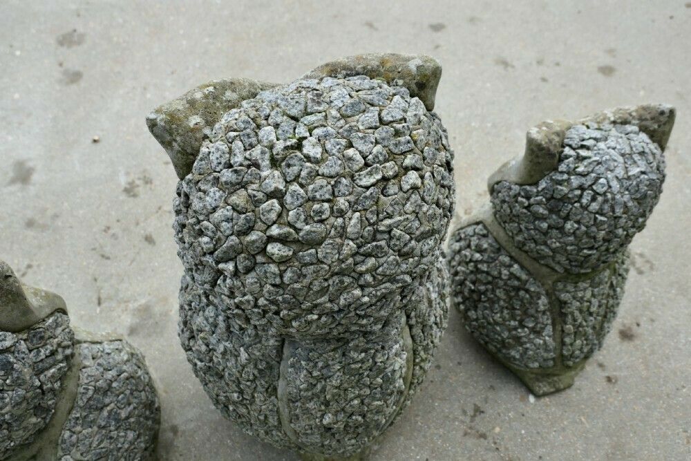 A Family Of 3 Weathered Granite Owls photo vintage