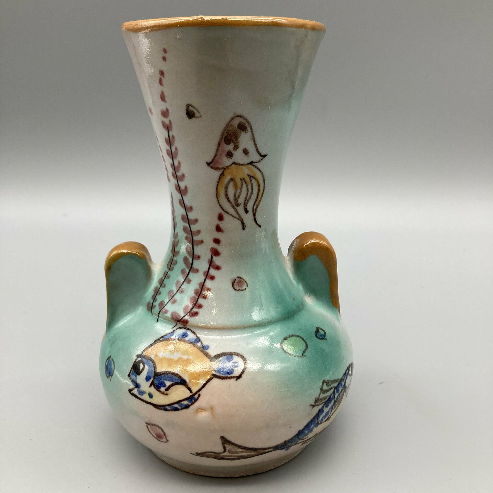 Matteo Di Lieto Italian Studio Pottery Vase 1950s Hand Painted Fish And Sea Life Mid Century Design photo for sale