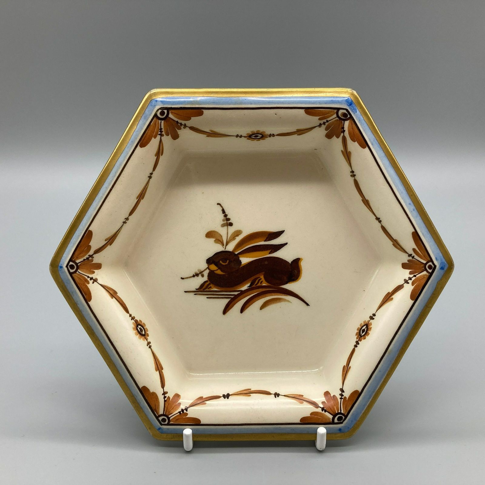 Royal Copenhagen Alumina Porcelain Hexagonal Hand Painted Dish Antique Beehive Mark With Hare Rabbit Design Made In Denmark photo for sale
