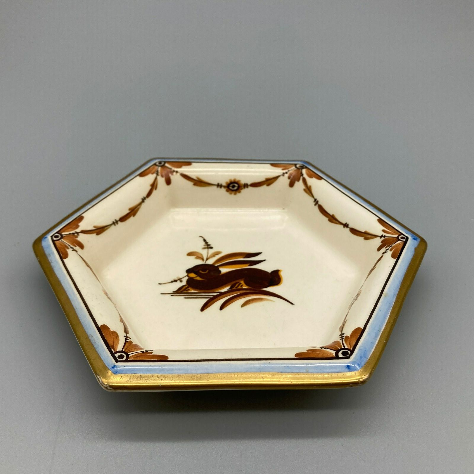 Royal Copenhagen Alumina Porcelain Hexagonal Hand Painted Dish Antique Beehive Mark With Hare Rabbit Design Made In Denmark photo vinterior