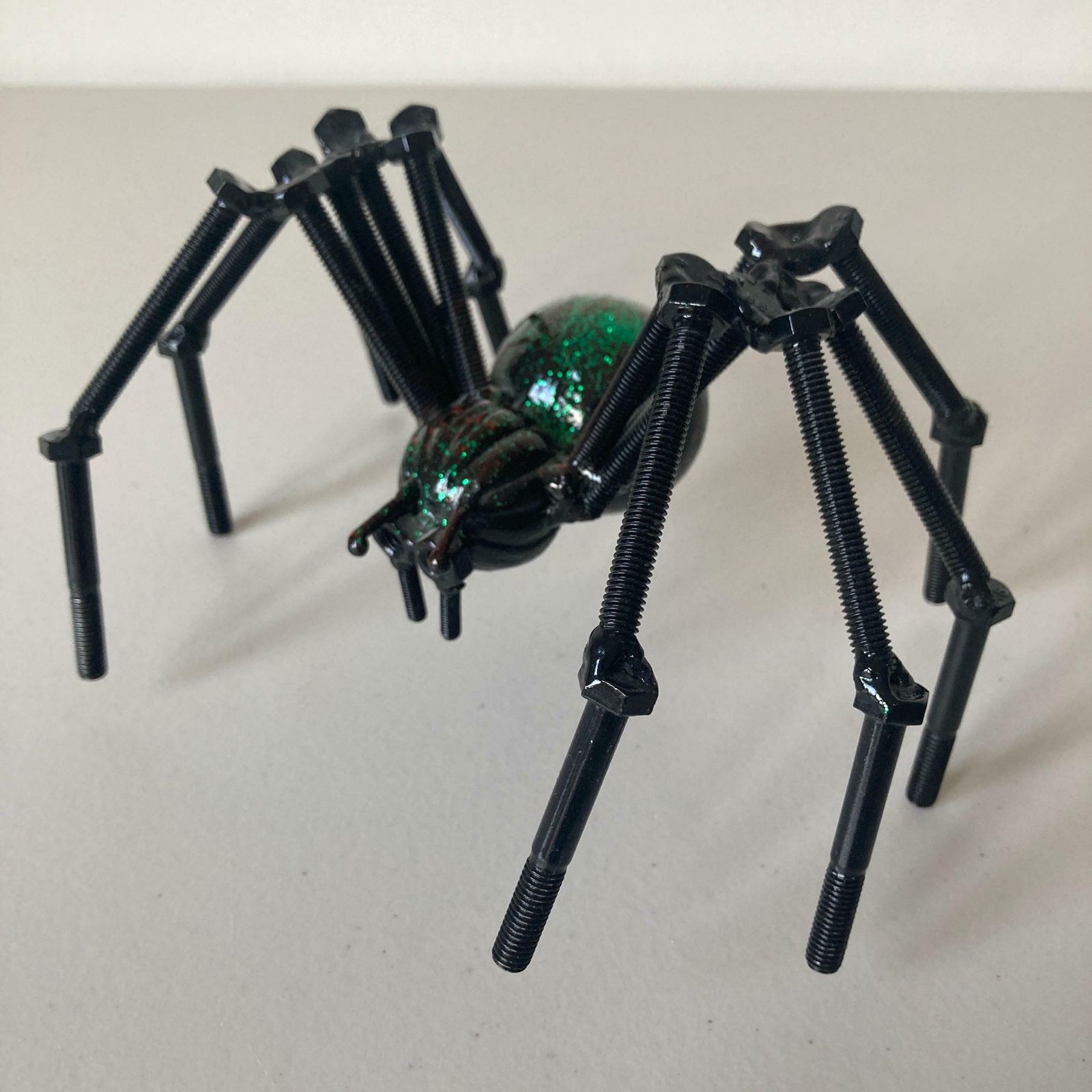 Green And Black Nuts And Bolts Welded Metal Spider Figurine   Unusual Steampunk Style Ornament