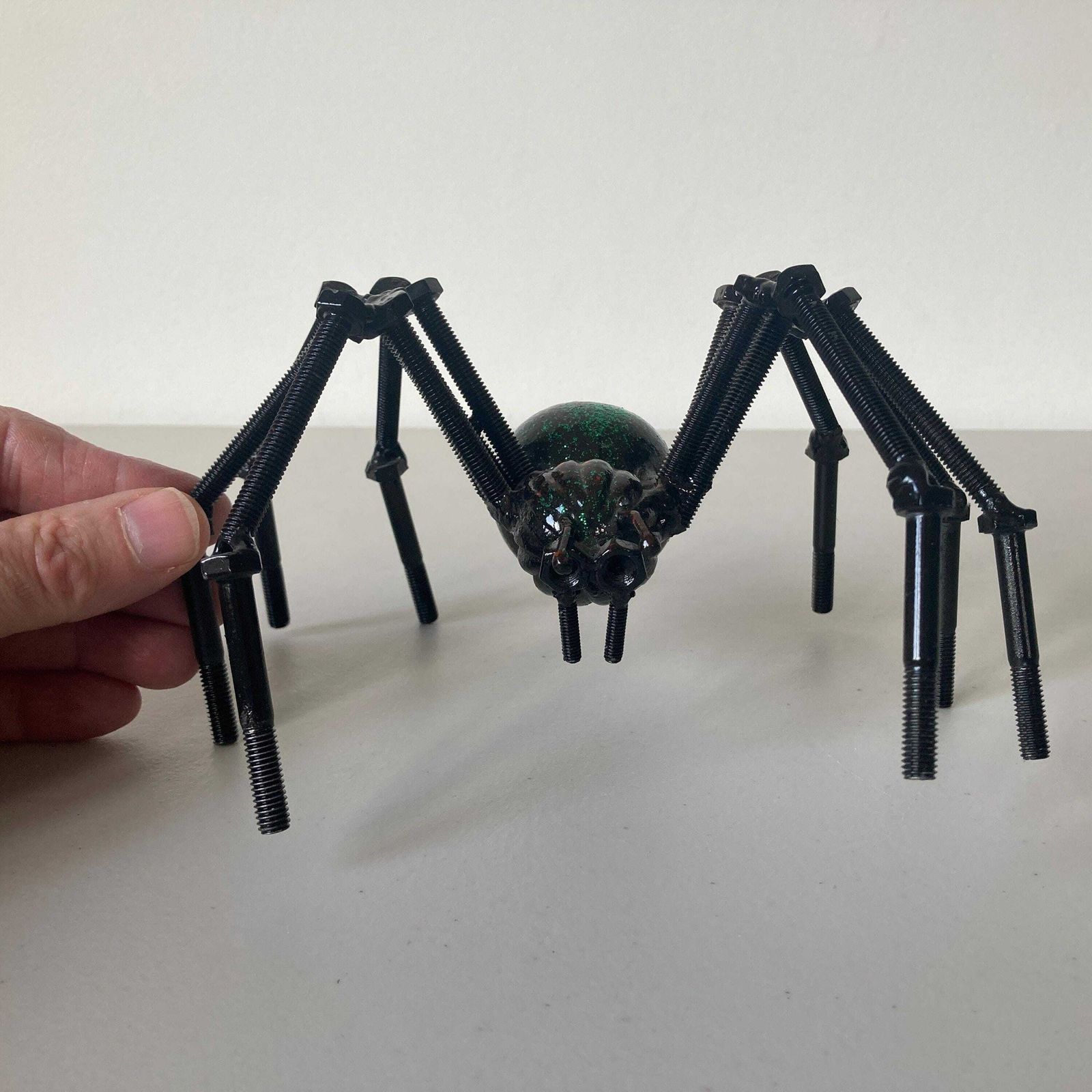 Green And Black Nuts And Bolts Welded Metal Spider Figurine   Unusual Steampunk Style Ornament photo for sale
