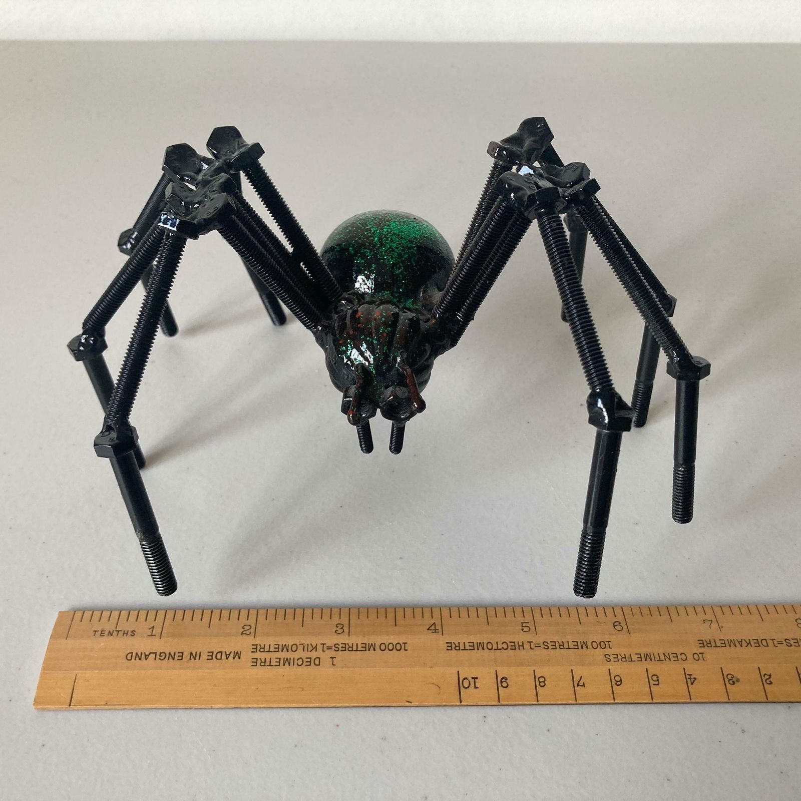 Green And Black Nuts And Bolts Welded Metal Spider Figurine   Unusual Steampunk Style Ornament photo 50.0