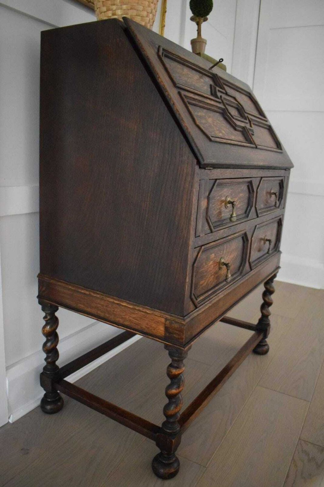Beautiful 1930s Jacobean Style Vintage Oak Bureau photo furniture