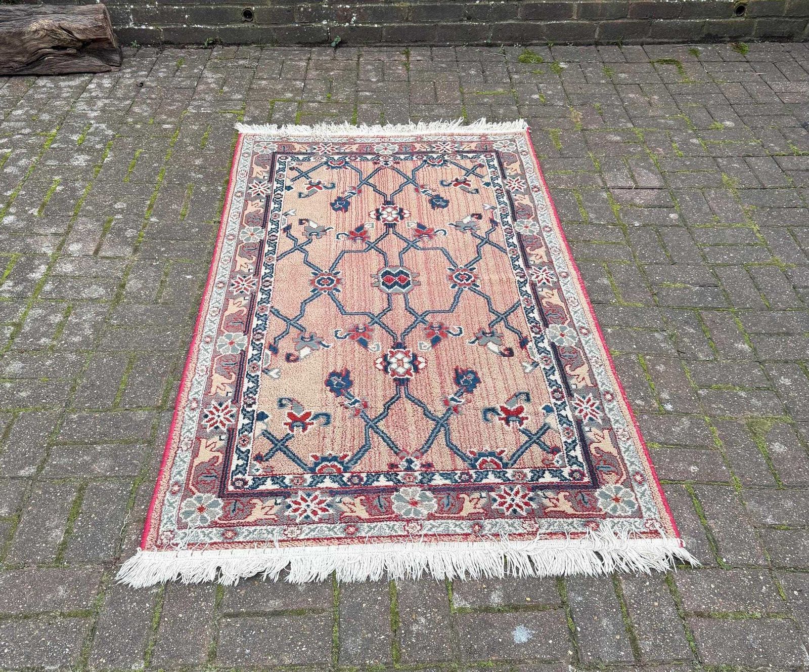 Attractive Medium Sized Vintage Rug With Pink, Red, Blue Pattern (183cm X 100cm)