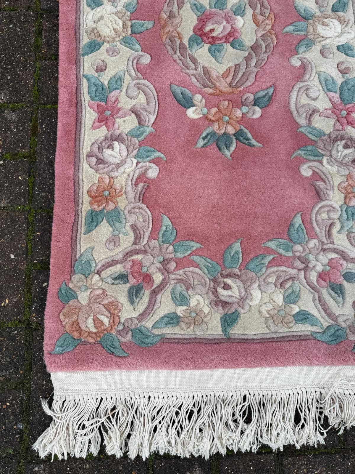 Pink Chinese Woollen Rug In Vgc (145cm X 60cm) photo vintage