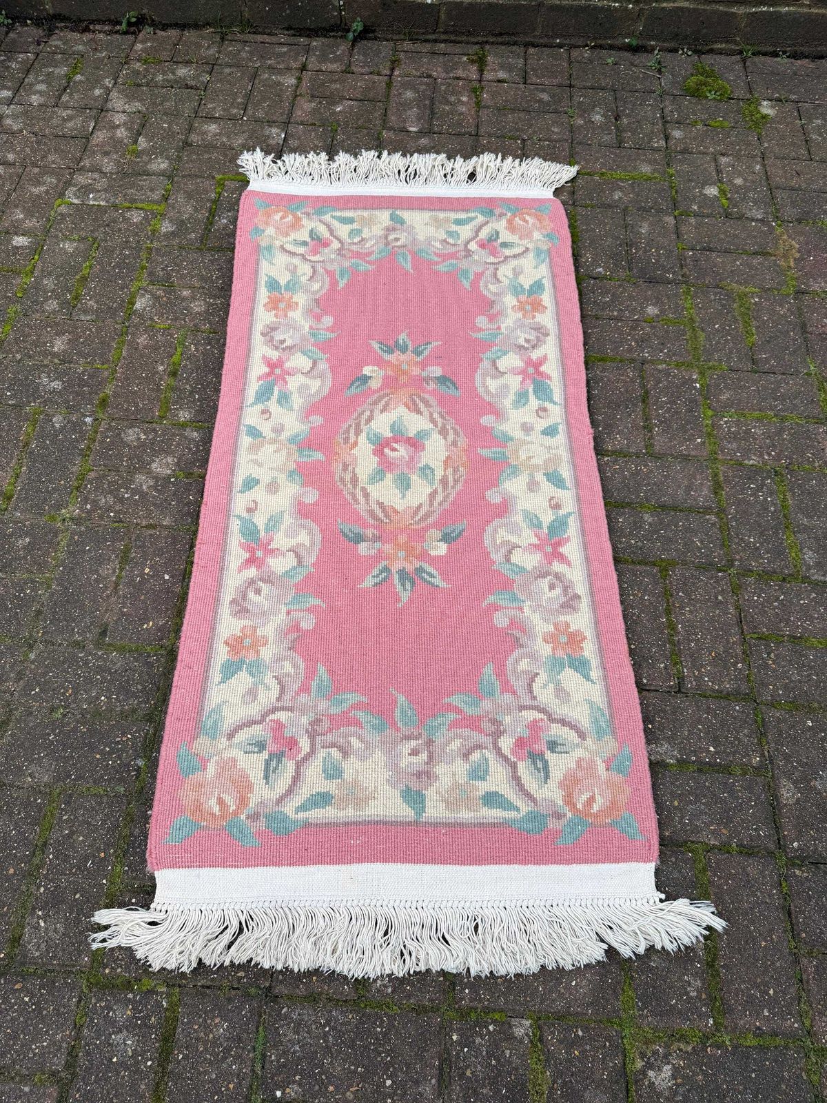 photo for sale Pink Chinese Woollen Rug In Vgc (145cm X 60cm)